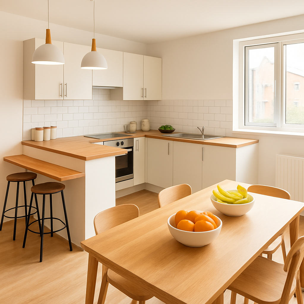 Modern student kitchen and dining area