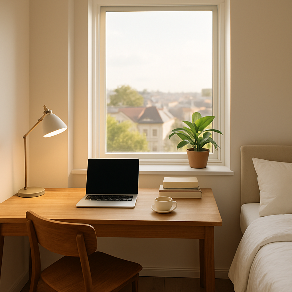 A well-appointed student apartment bedroom with warm afternoon light