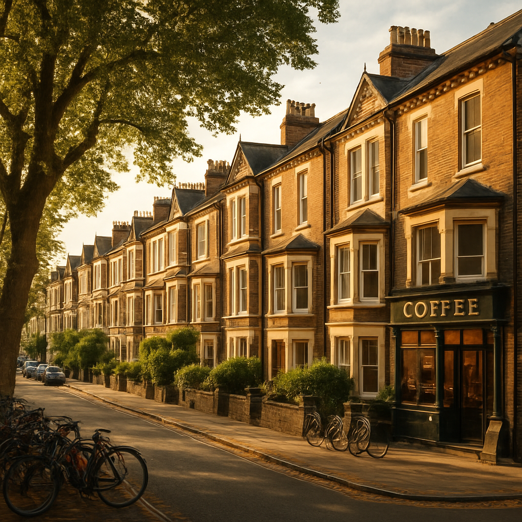 A tree-lined university neighbourhood street with student housing